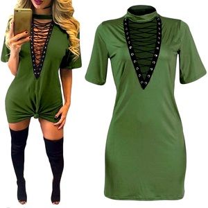 Sexy Lace up T Shirt tunic green Dress Small